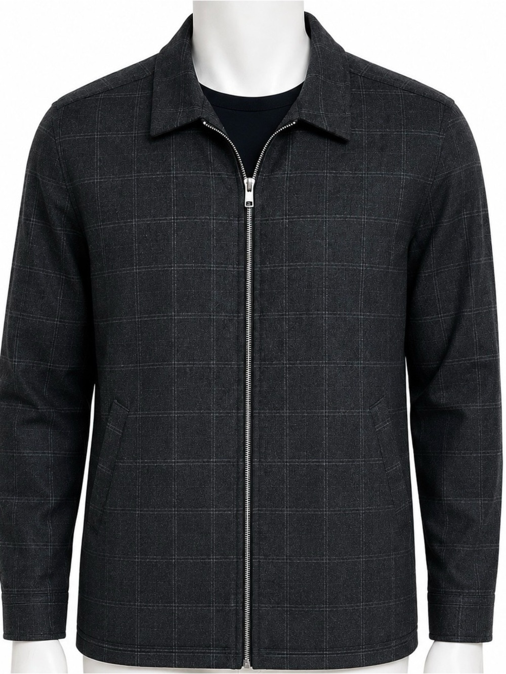 Fairlane & Sons Men's Charcoal Gray Windowpane Plaid Shirt Jacket -sz M